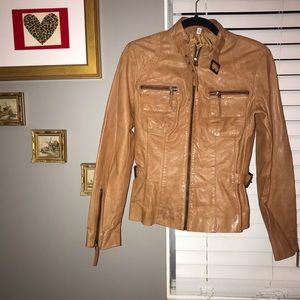 Caramel colored leather moto / motorcycle jacket